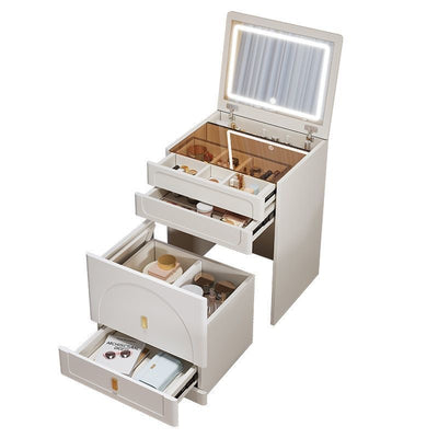 Modern Minimalist Rectangular MDF Tempered Glass Faux Leather Makeup Vanity & Vanity Stool Set With Mirror 3-Drawer For Bedroom