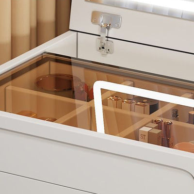 Modern Minimalist Rectangular MDF Tempered Glass Faux Leather Makeup Vanity & Vanity Stool Set With Mirror 3-Drawer For Bedroom