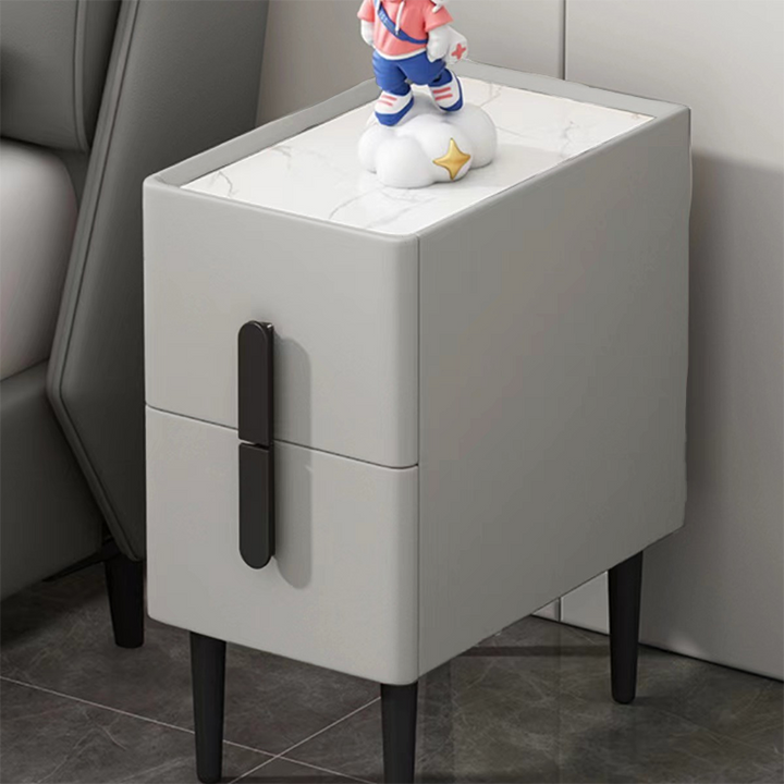 Table de chevet moderne de luxe rectangulaire en bois massif, contreplaqué, pin, dalle de pierre, cuir synthétique, à 2 tiroirs pour chambre à coucher 
