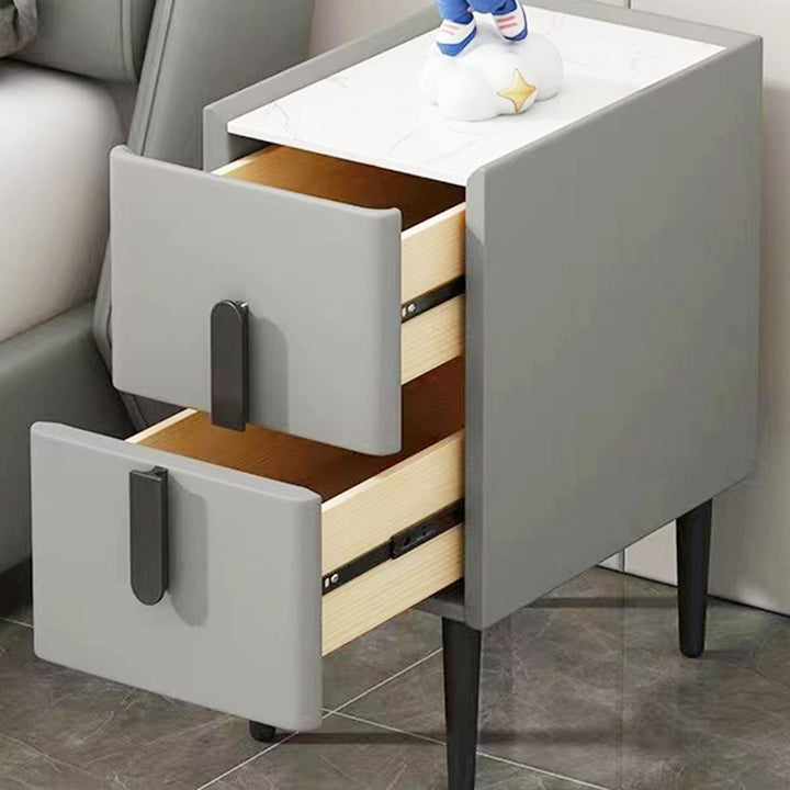 Table de chevet moderne de luxe rectangulaire en bois massif, contreplaqué, pin, dalle de pierre, cuir synthétique, à 2 tiroirs pour chambre à coucher 