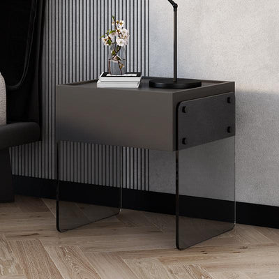 Modern Minimalist Rectangular Glass Solid Wood Plywood Nightstand 1-Drawer For Bedroom