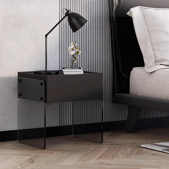 Modern Minimalist Rectangular Glass Wood Plywood Nightstand 1-Drawer For Bedroom