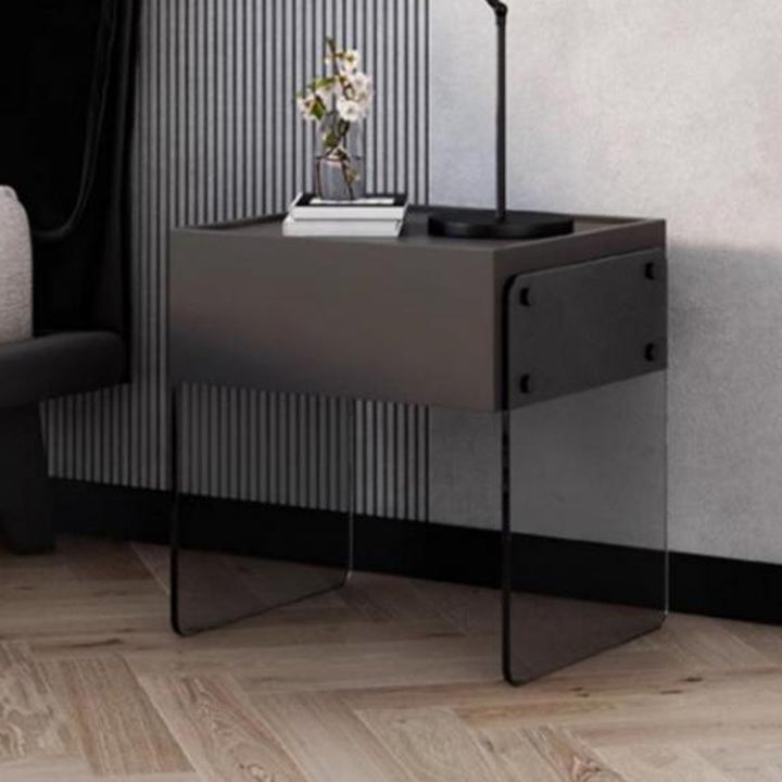 Table de chevet moderne minimaliste rectangulaire en verre, bois et contreplaqué, 1 tiroir, pour chambre à coucher 