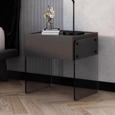 Modern Minimalist Rectangular Glass Solid Wood Plywood Nightstand 1-Drawer For Bedroom