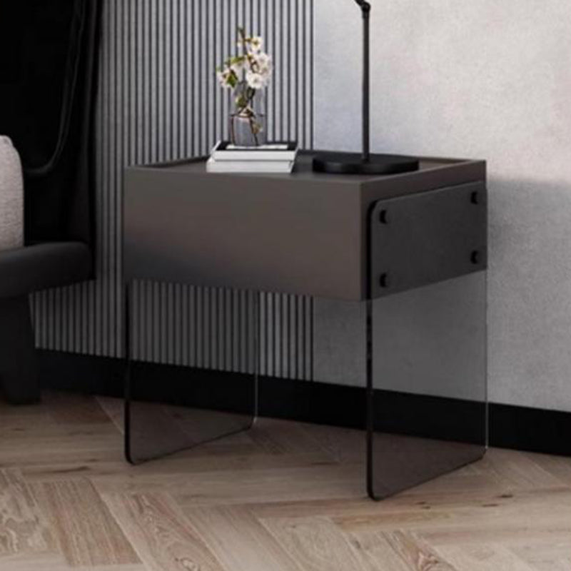 Modern Minimalist Rectangular Glass Solid Wood Plywood Nightstand 1-Drawer For Bedroom