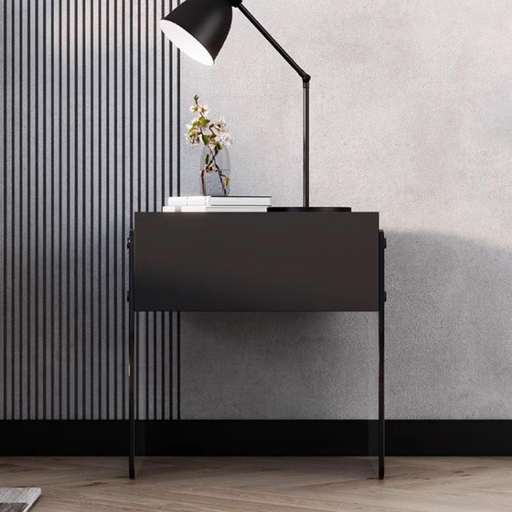 Modern Minimalist Rectangular Glass Wood Plywood Nightstand 1-Drawer For Bedroom