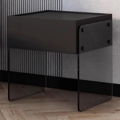 Modern Minimalist Rectangular Glass Solid Wood Plywood Nightstand 1-Drawer For Bedroom