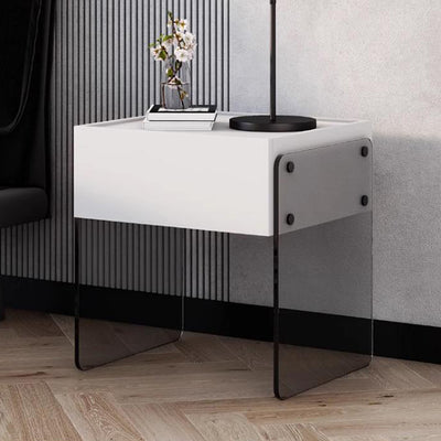 Modern Minimalist Rectangular Glass Solid Wood Plywood Nightstand 1-Drawer For Bedroom