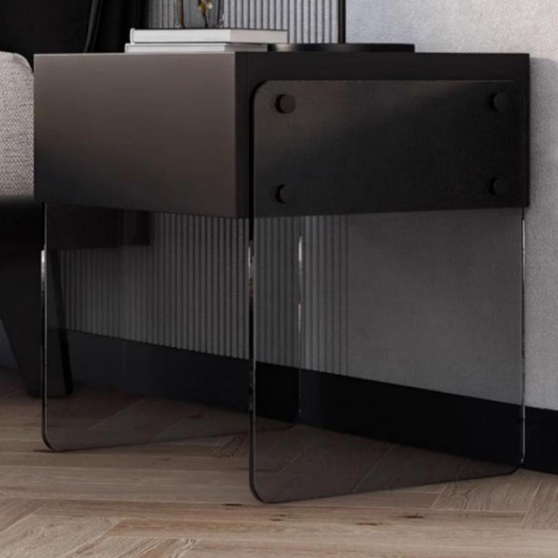 Modern Minimalist Rectangular Glass Solid Wood Plywood Nightstand 1-Drawer For Bedroom