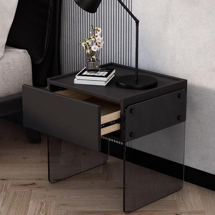 Modern Minimalist Rectangular Glass Wood Plywood Nightstand 1-Drawer For Bedroom