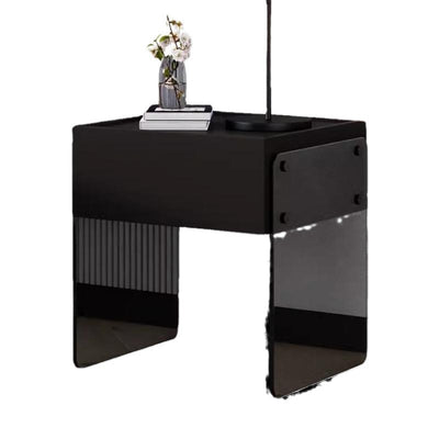 Modern Minimalist Rectangular Glass Solid Wood Plywood Nightstand 1-Drawer For Bedroom