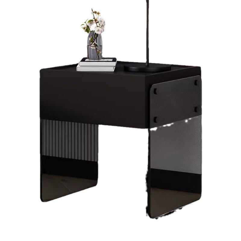 Modern Minimalist Rectangular Glass Solid Wood Plywood Nightstand 1-Drawer For Bedroom
