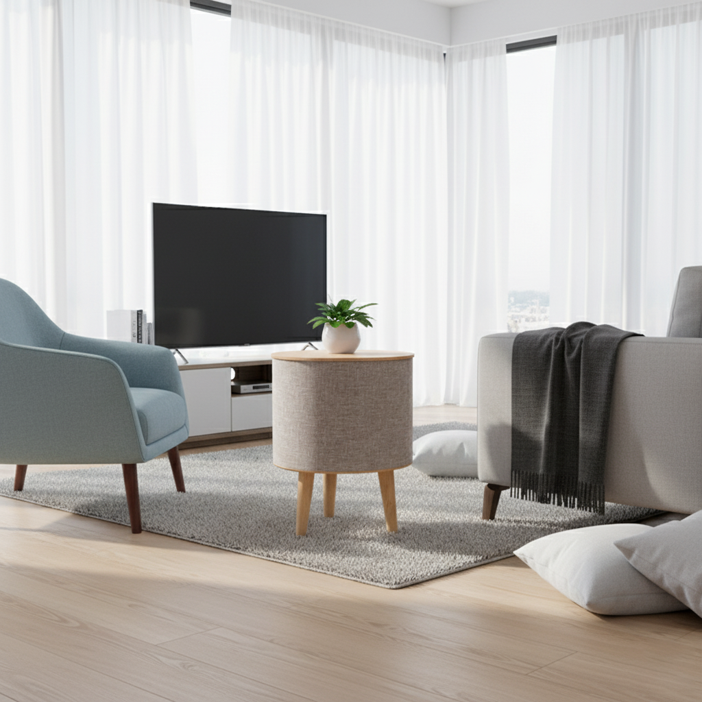 Contemporary Nordic Round MDF Solid Wood Linen Smart End Table Battery &amp; Plug-in With Bluetooth Speaker Wireless Charging For Living Room &amp; Bedroom