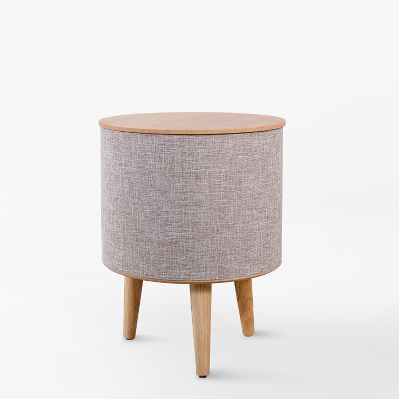 Contemporary Nordic Round MDF Solid Wood Linen Smart End Table Battery &amp; Plug-in With Bluetooth Speaker Wireless Charging For Living Room &amp; Bedroom
