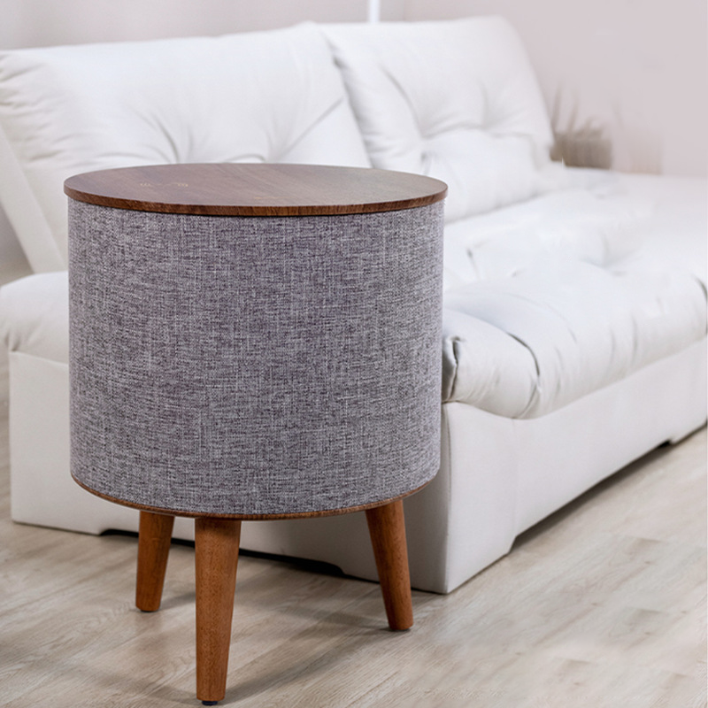 Contemporary Nordic Round MDF Solid Wood Linen Smart End Table Battery &amp; Plug-in With Bluetooth Speaker Wireless Charging For Living Room &amp; Bedroom