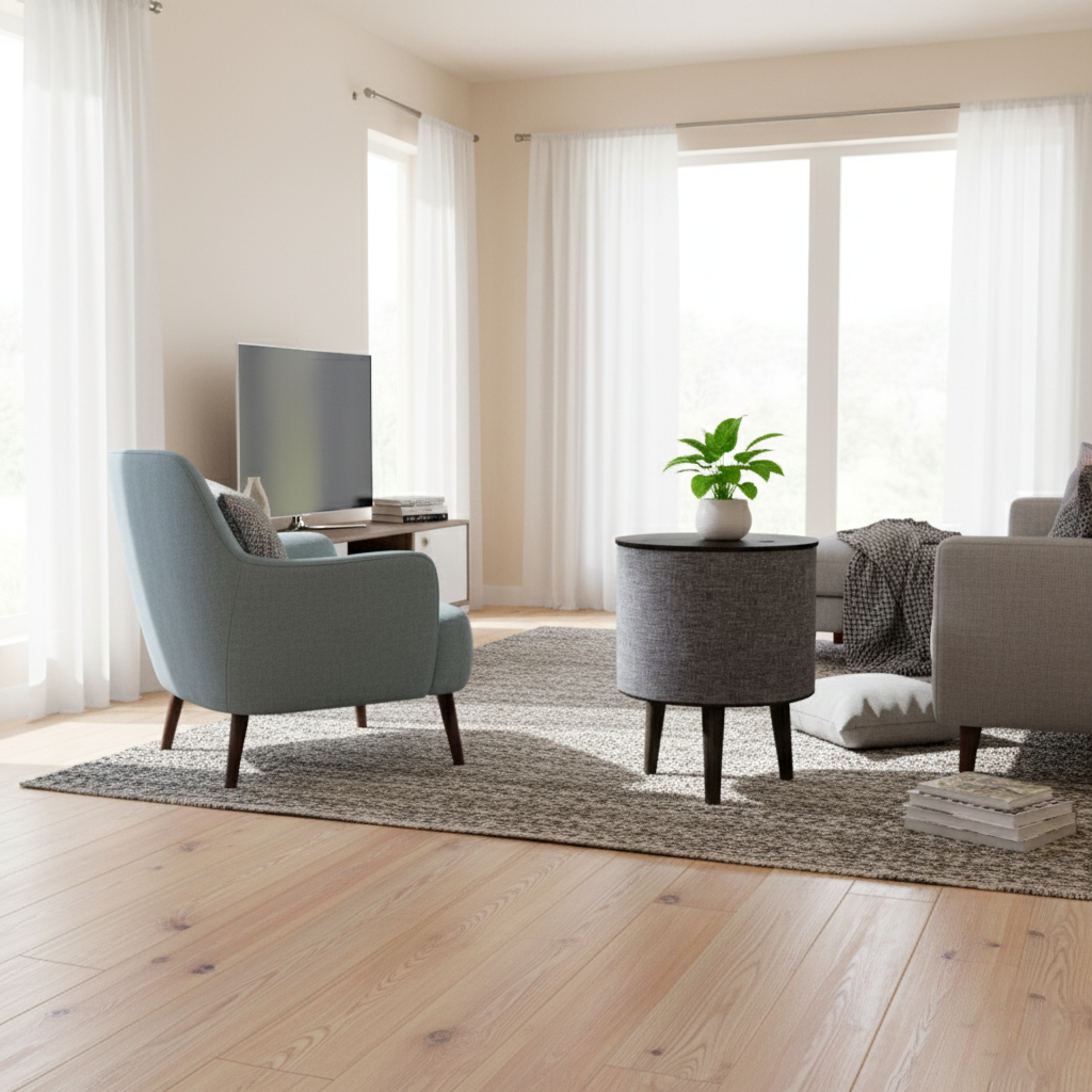 Contemporary Nordic Round MDF Solid Wood Linen Smart End Table Battery &amp; Plug-in With Bluetooth Speaker Wireless Charging For Living Room &amp; Bedroom