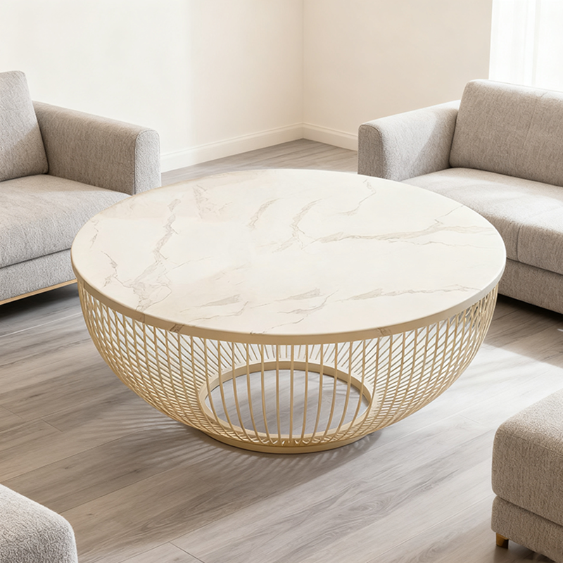 Contemporary Nordic Round Stone Slab Carbon Steel Coffee Table Set 1-Tier For Living Room
