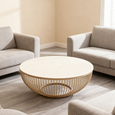 Contemporary Nordic Round Stone Slab Carbon Steel Coffee Table Set 1-Tier For Living Room