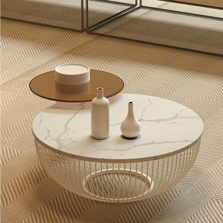 Ensemble de tables basses contemporaines nordiques rondes en dalle de pierre et acier au carbone, 1 niveau, pour salon 