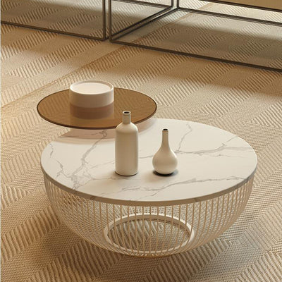 Contemporary Nordic Round Stone Slab Carbon Steel Coffee Table Set 1-Tier For Living Room