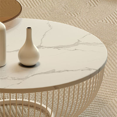 Contemporary Nordic Round Stone Slab Carbon Steel Coffee Table Set 1-Tier For Living Room