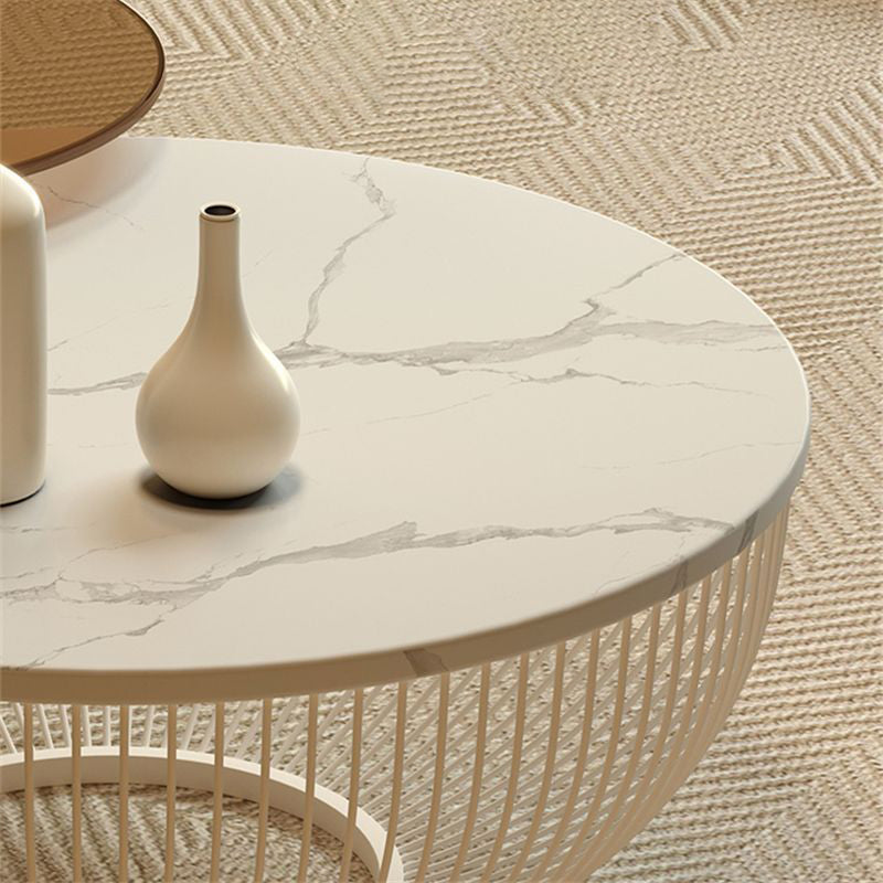 Contemporary Nordic Round Stone Slab Carbon Steel Coffee Table Set 1-Tier For Living Room