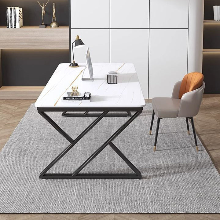 Steinplatten-Top-Büroschreibtisch mit Kohlenstoffstahlrahmen - Moderner minimalistischer rechteckiger Schreibtisch für das Home Office 