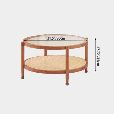Modern Minimalist Round Solid Wood Tempered Glass PVC Rattan Weaving Coffee Table 2-Tier For Living Room
