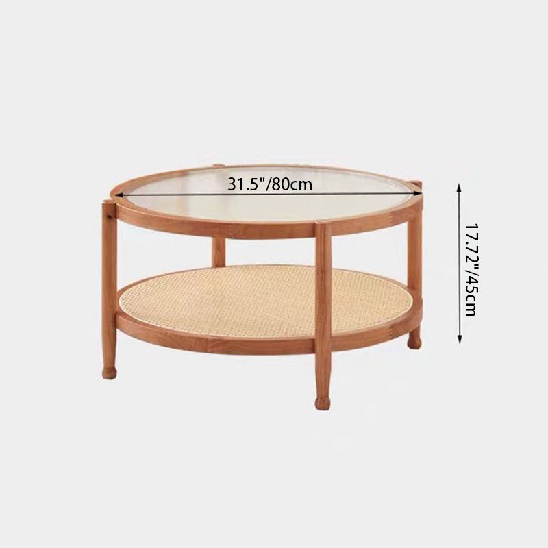 Modern Minimalist Round Solid Wood Tempered Glass PVC Rattan Weaving Coffee Table 2-Tier For Living Room