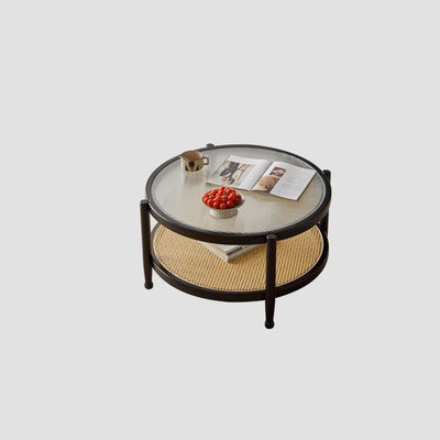 Modern Minimalist Round Solid Wood Tempered Glass PVC Rattan Weaving Coffee Table 2-Tier For Living Room