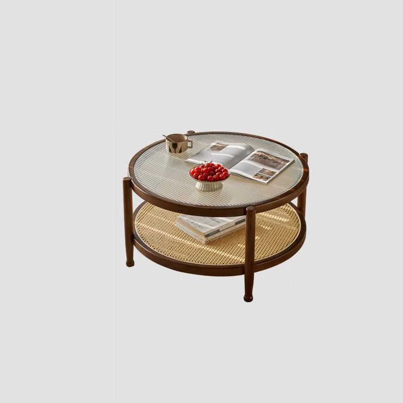 Modern Minimalist Round Solid Wood Tempered Glass PVC Rattan Weaving Coffee Table 2-Tier For Living Room
