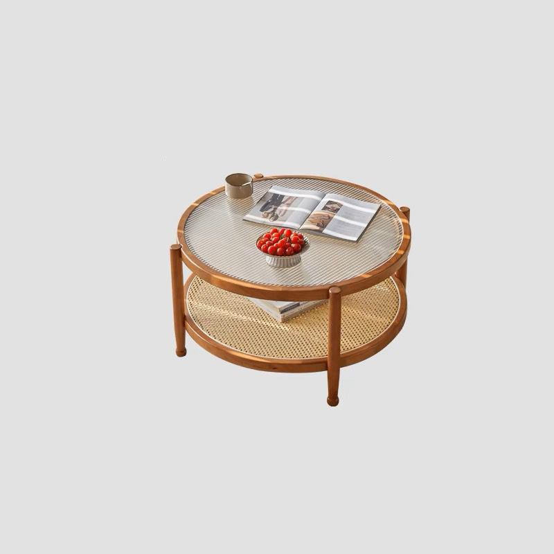 Modern Minimalist Round Solid Wood Tempered Glass PVC Rattan Weaving Coffee Table 2-Tier For Living Room