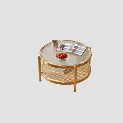 Modern Minimalist Round Solid Wood Tempered Glass PVC Rattan Weaving Coffee Table 2-Tier For Living Room