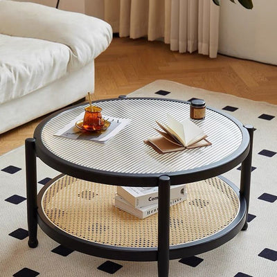 Modern Minimalist Round Solid Wood Tempered Glass PVC Rattan Weaving Coffee Table 2-Tier For Living Room