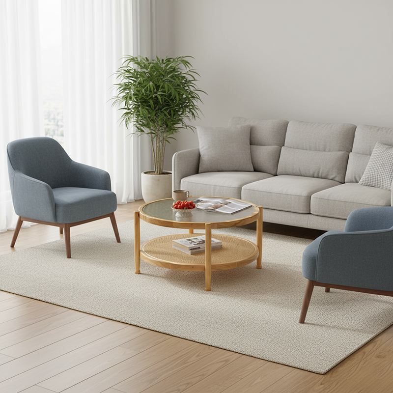 Modern Minimalist Round Solid Wood Tempered Glass PVC Rattan Weaving Coffee Table 2-Tier For Living Room