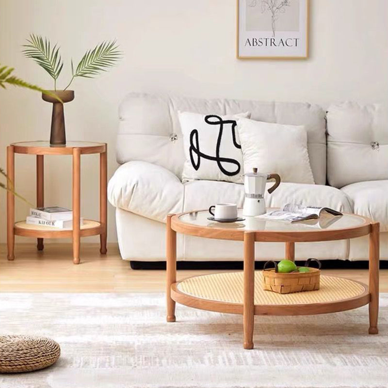 Modern Minimalist Round Solid Wood Tempered Glass PVC Rattan Weaving Coffee Table 2-Tier For Living Room