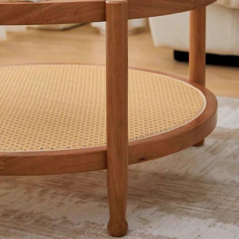 طاولة قهوة حديثة بسيطة مستديرة من الخشب الصلب والزجاج المقوى مع حياكة من راتان PVC بطبقتين لغرفة المعيشة 