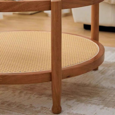 Modern Minimalist Round Solid Wood Tempered Glass PVC Rattan Weaving Coffee Table 2-Tier For Living Room