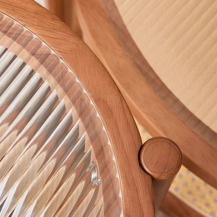 طاولة قهوة حديثة بسيطة مستديرة من الخشب الصلب والزجاج المقوى مع حياكة من راتان PVC بطبقتين لغرفة المعيشة 
