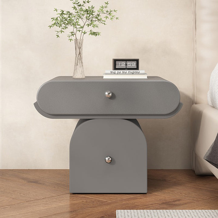 Table de chevet arrondie moderne minimaliste en contreplaqué de bois massif et similicuir avec rangement à 2 tiroirs pour chambre à coucher 