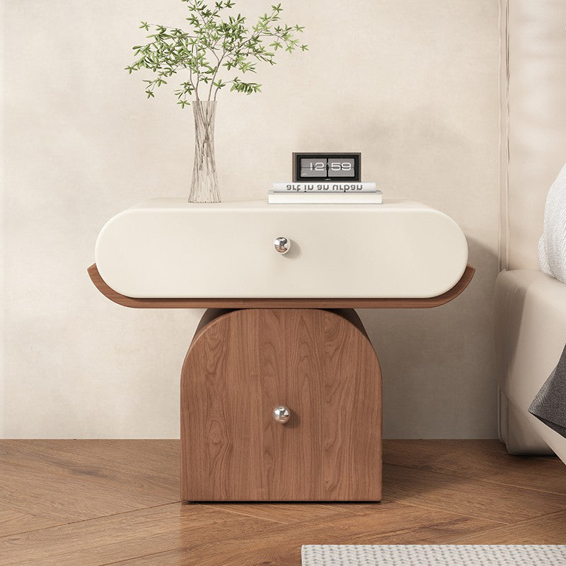 Table de chevet arrondie moderne minimaliste en contreplaqué de bois massif et similicuir avec rangement à 2 tiroirs pour chambre à coucher 