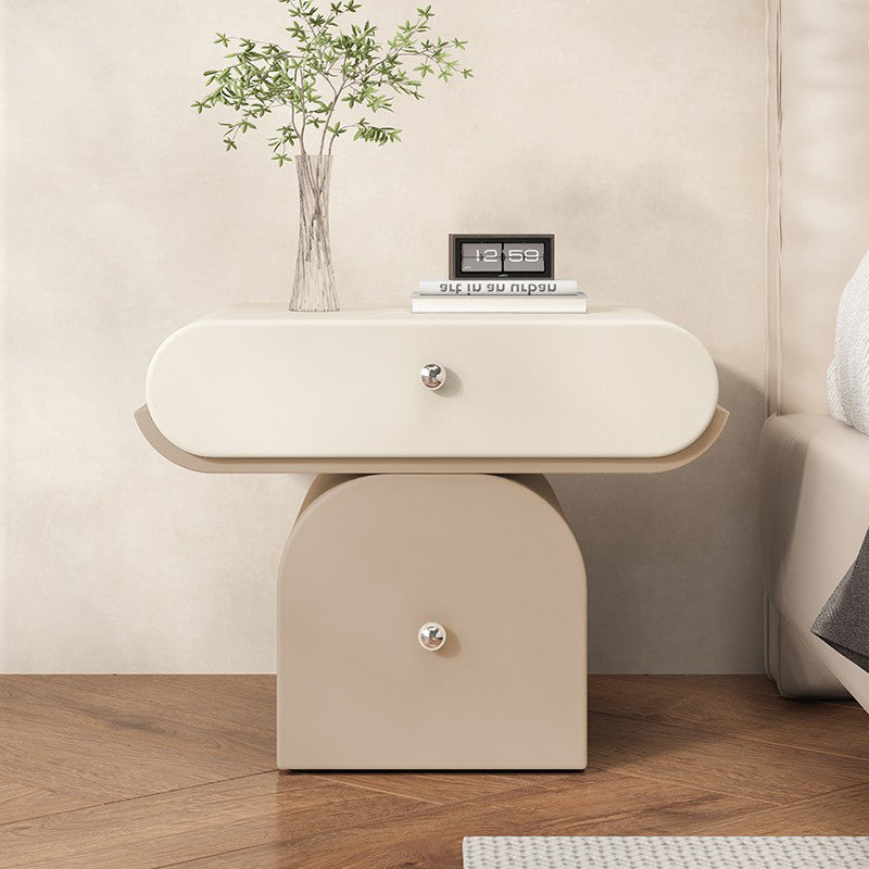 Table de chevet arrondie moderne minimaliste en contreplaqué de bois massif et similicuir avec rangement à 2 tiroirs pour chambre à coucher 