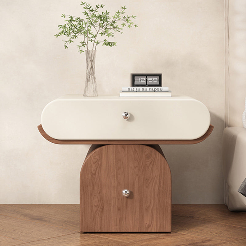 Table de chevet arrondie moderne minimaliste en contreplaqué de bois massif et similicuir avec rangement à 2 tiroirs pour chambre à coucher 