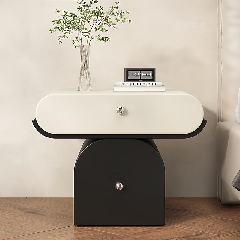 Table de chevet arrondie moderne minimaliste en contreplaqué de bois massif et similicuir avec rangement à 2 tiroirs pour chambre à coucher 