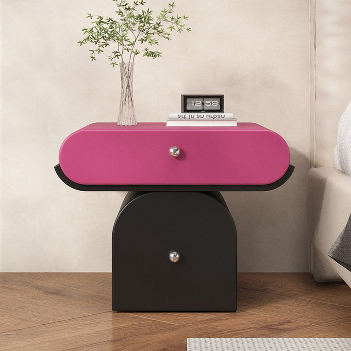 Table de chevet arrondie moderne minimaliste en contreplaqué de bois massif et similicuir avec rangement à 2 tiroirs pour chambre à coucher 