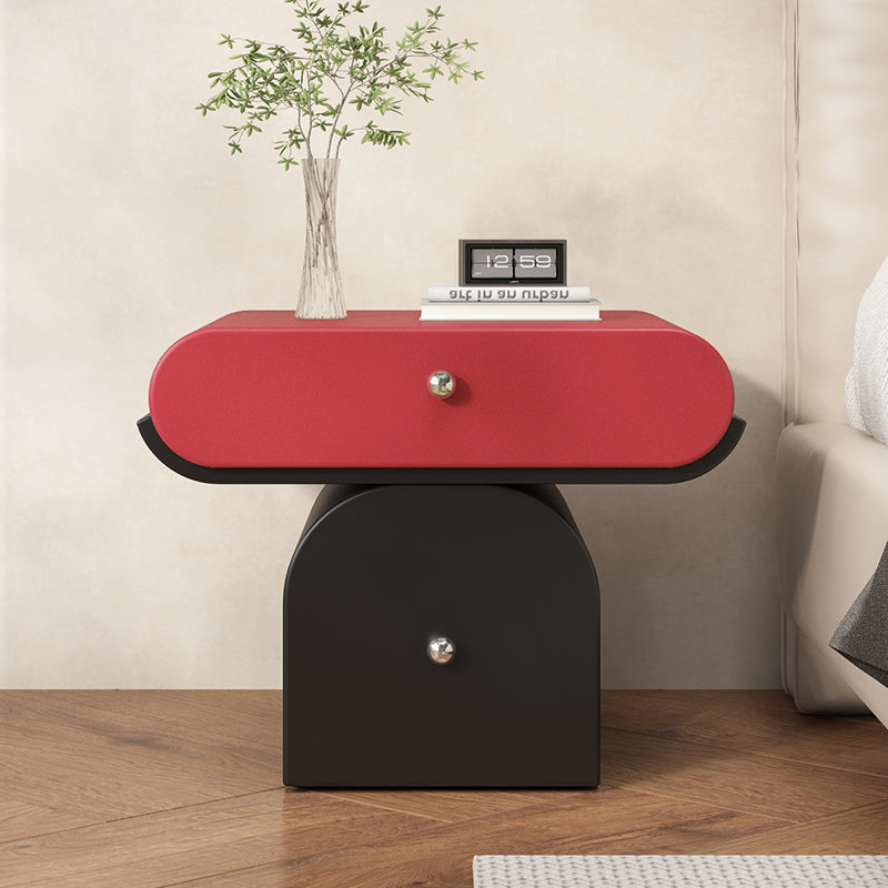 Table de chevet arrondie moderne minimaliste en contreplaqué de bois massif et similicuir avec rangement à 2 tiroirs pour chambre à coucher 