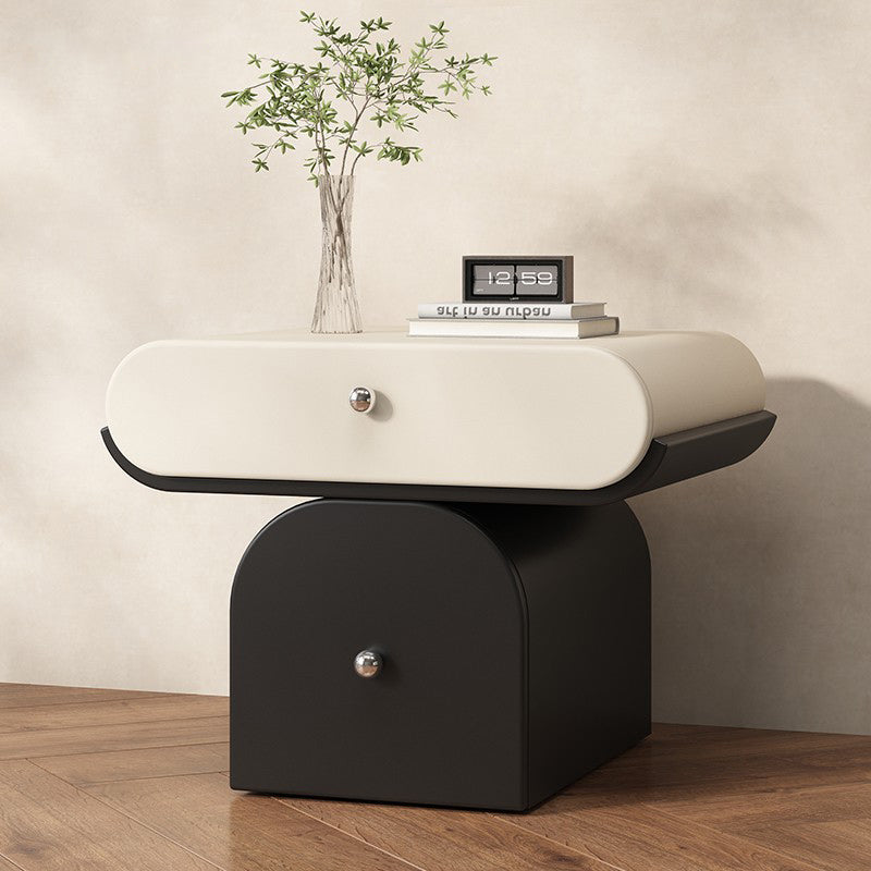 Table de chevet arrondie moderne minimaliste en contreplaqué de bois massif et similicuir avec rangement à 2 tiroirs pour chambre à coucher 