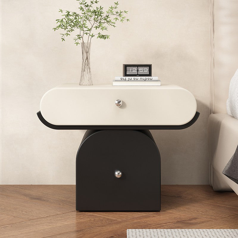 Table de chevet arrondie moderne minimaliste en contreplaqué de bois massif et similicuir avec rangement à 2 tiroirs pour chambre à coucher 