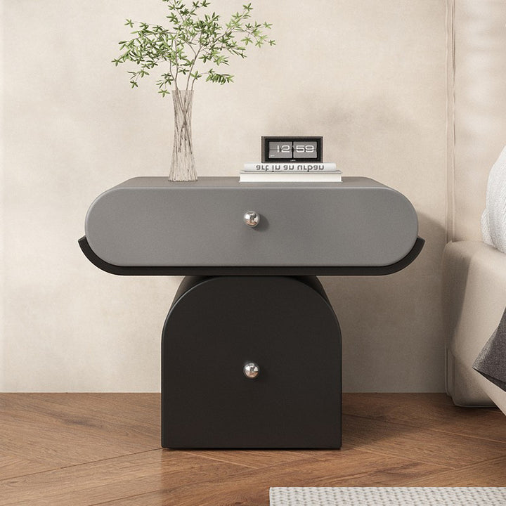 Table de chevet arrondie moderne minimaliste en contreplaqué de bois massif et similicuir avec rangement à 2 tiroirs pour chambre à coucher 