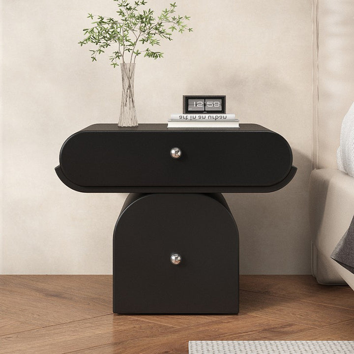 Table de chevet arrondie moderne minimaliste en contreplaqué de bois massif et similicuir avec rangement à 2 tiroirs pour chambre à coucher 